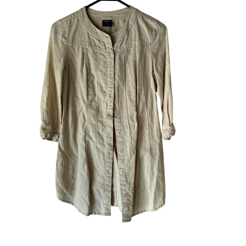 Tribal Tunic Shirt Womens Medium Beige Linen Blend Long Sleeve Button Front Top‎